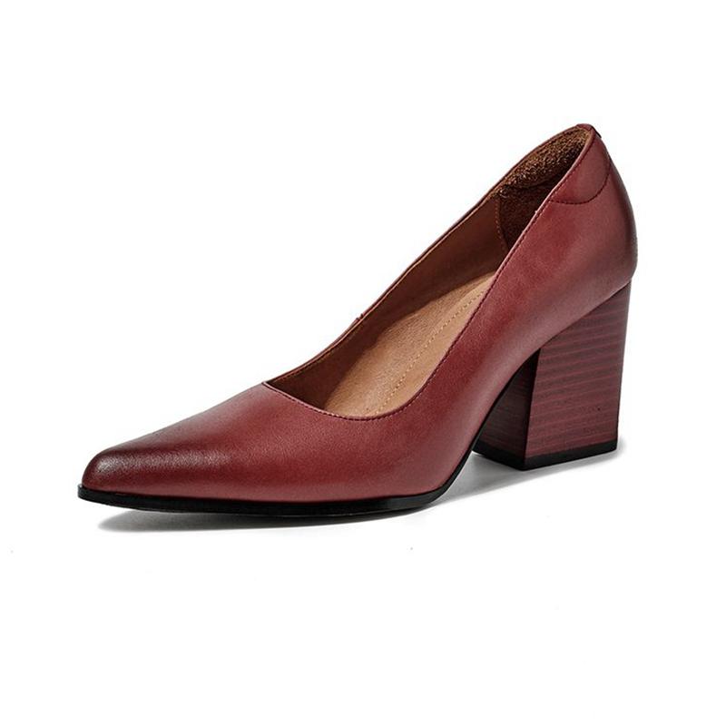 

Krazing Pot Cow Skin Pointed Toe Thick High Heels Summer Shoes Big Size 41 Women Shallow Pumps 41 винний
