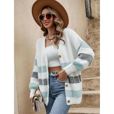 Autumn and Winter Women's Plush Contrasting Striped Button Lantern Sleeve Woolen Cardigan