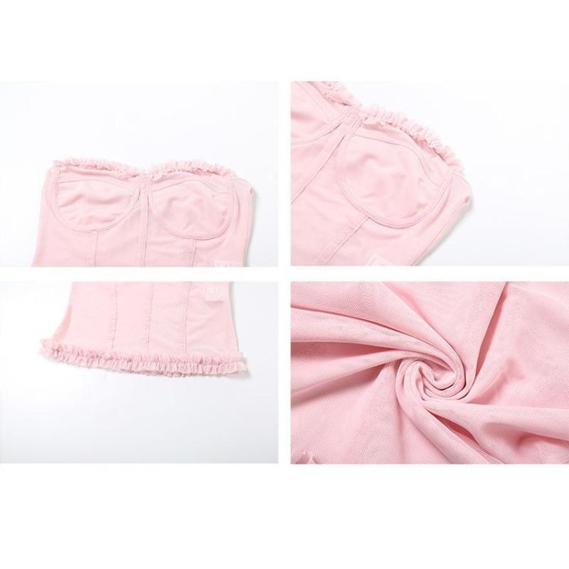 Zomer Roze Gaas Ruches Corset Top voor Dames Strapless Crop