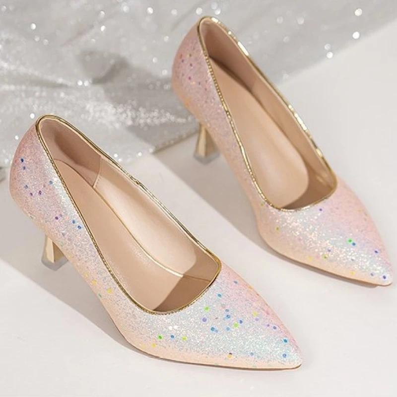 Fashion NEW Sequins Women Pumps 2024 Comfort Fashion Luxury Crystal High Heel Party Wedding Shoes Woman Elegant Pointed Toe Pumps