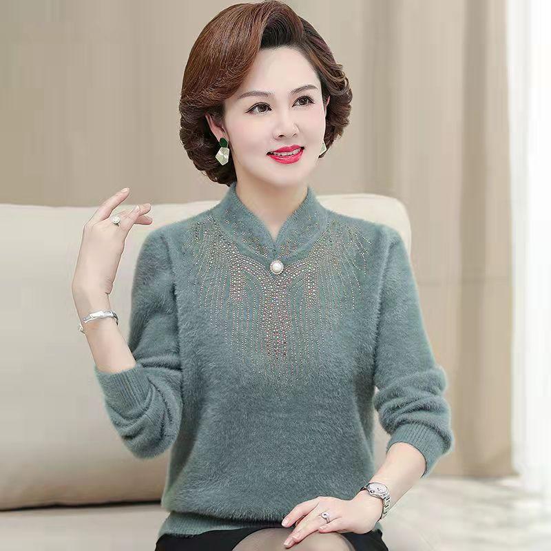 

Осінньо-зимовий маминий одяг Светр Середнього віку Жіночий теплий верх Нижня сорочка для середнього та літнього віку One Size зелений