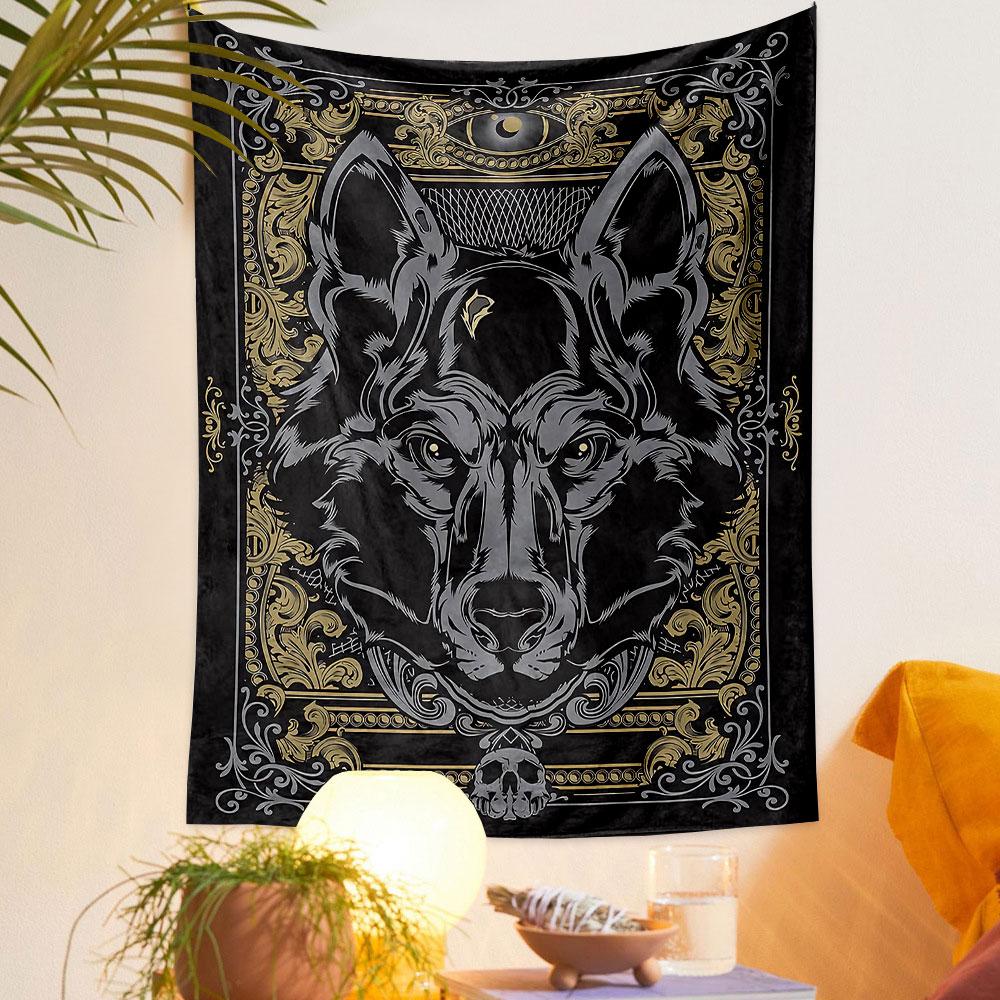 Wolf Head with Ornate Golden Details Patterned tapestry home decor, suitable for bedroom and living room, gift