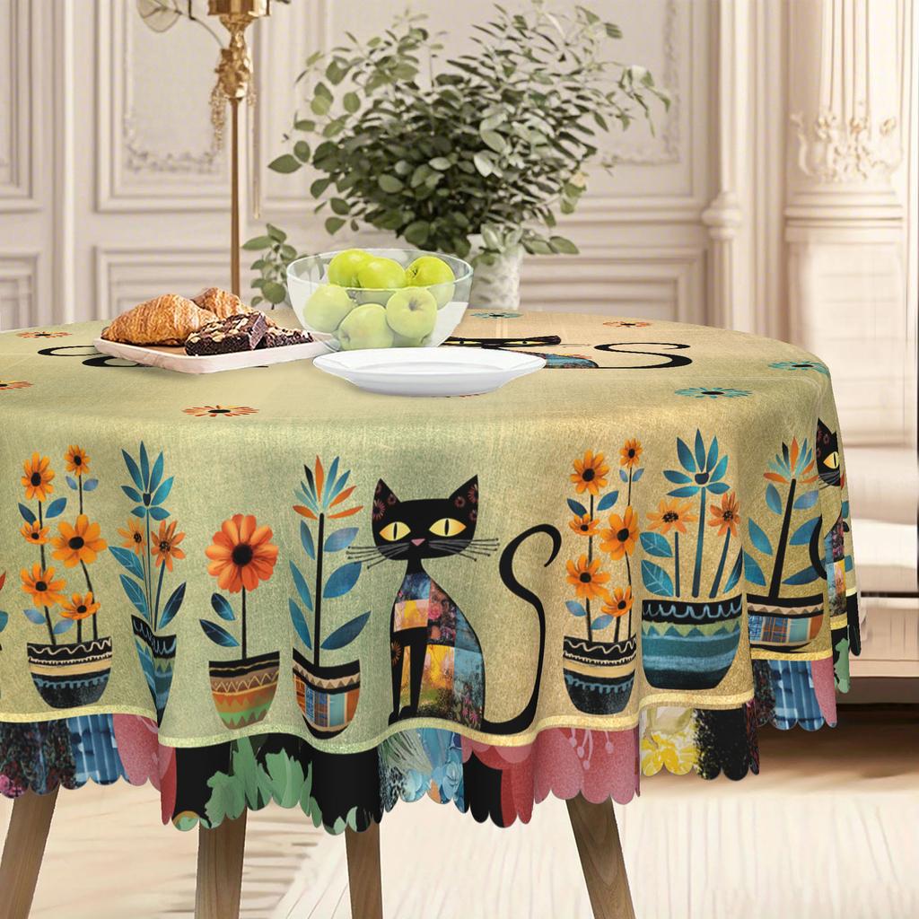 1 Piece, Bohemian Mandala Tablecloth, Vintage Floral And Cat Pattern Tablecloth, Edge Embossing Craft