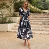 Women's Long Dress2024 Summer Women's Clothing Temperament Waist-Controlled V Neck Print Short Sleeve Dress