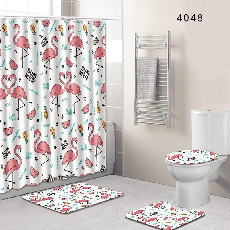Flamingo Bathroom Shower Curtain Floor Mat Toilet Cover Foot Mat Four-Piece Pattern Size