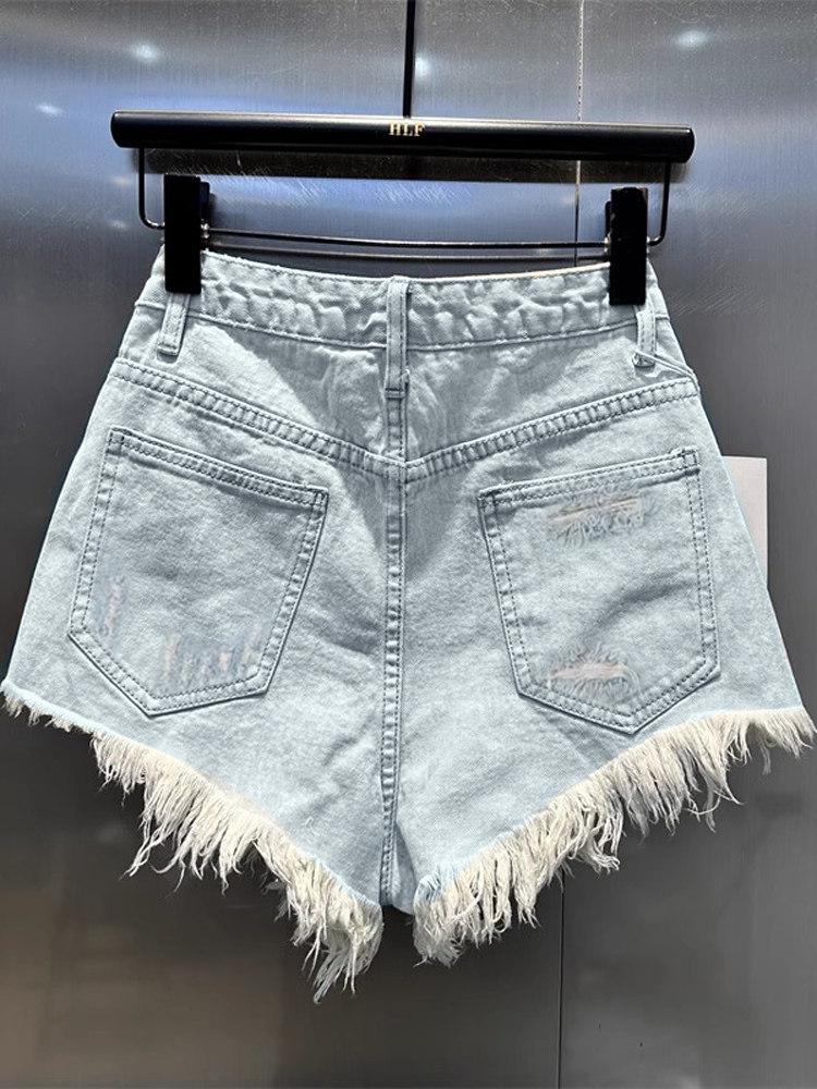 Light Blue Spicy Vintage Distressed Low-Waist Ripped Denim Shorts for Women – Sexy Wide-Leg Summer Hot Pants