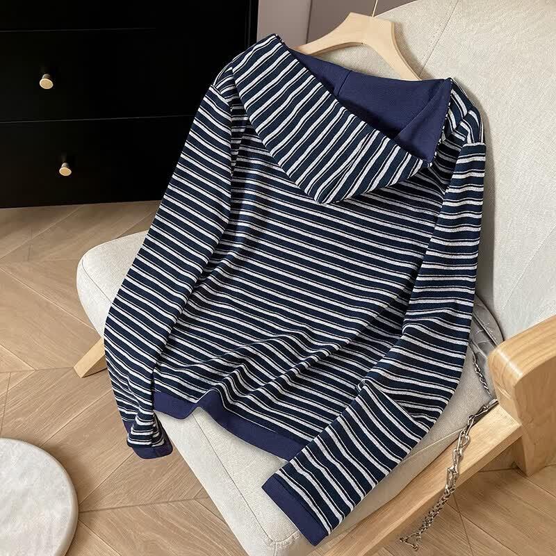 Women's Striped Half-Zip Hooded Pullover Sweatshirt