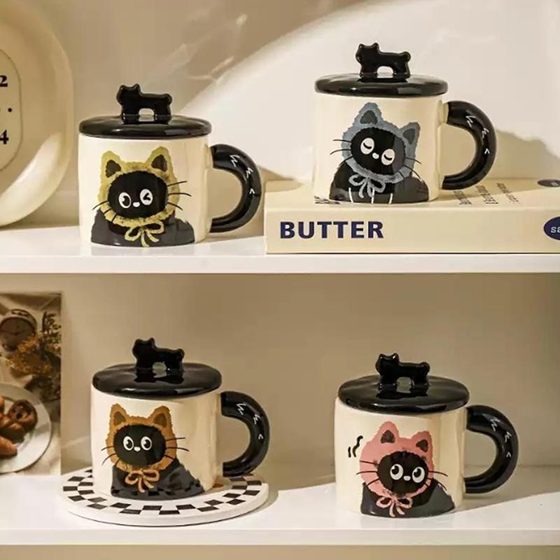 Roztomilý keramický hrnek s víčkem s kočkou, šálek na kávu, hrnek na pití, kancelářský dárek, praktický dárek k narozeninám