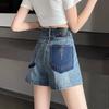 Women's High-Waisted Colorblock Denim Shorts 2025: New Loose A-line Design with Slimming Wide Legs and Pockets.