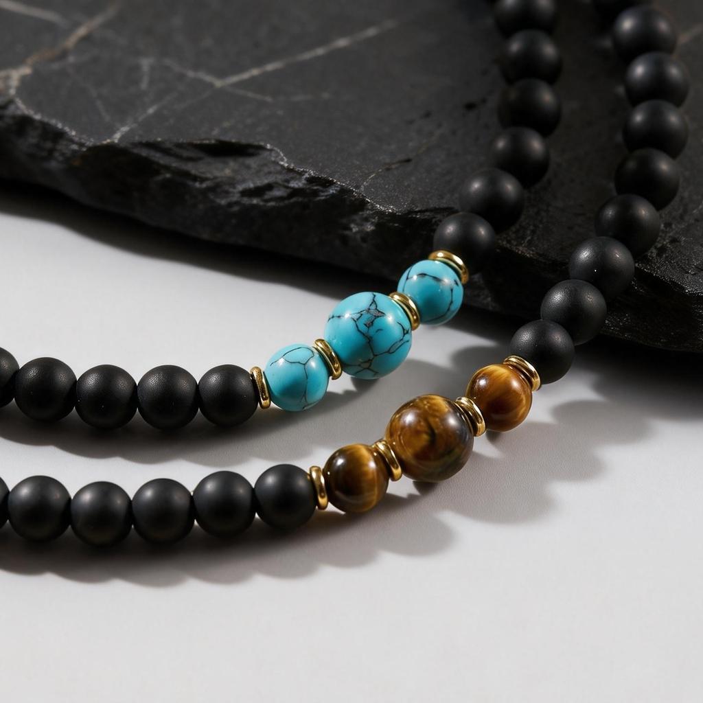 Casual Turquoise Beaded Necklaces for Men Boys,Summer Beach Tiger Eye Stone Collar,Waterproof Swimming Jewelry Gift