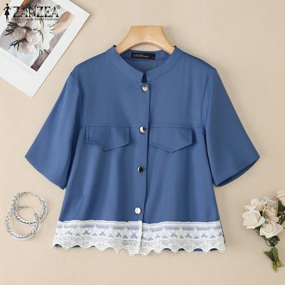 Women Casual Round Neck Summer Short Sleeve Lace Patchwork Blouse