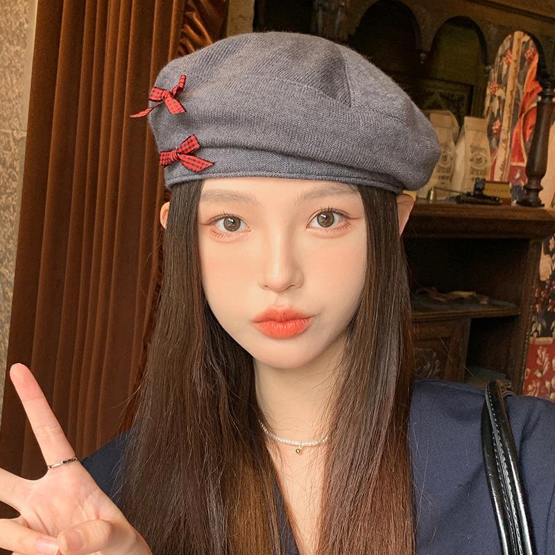 South Korea's new autumn and winter bow woolen beret women's warm thickened face small bud hat