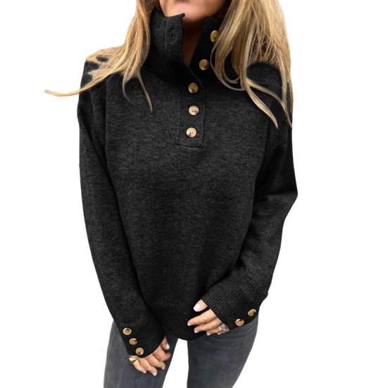 Women Pullover Sweater Stand Collar Buttons Half Placket Long Sleeve Knitting Tops Solid Color Loose Fit Casual Sweater