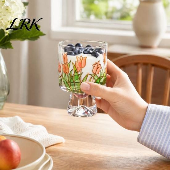 Hoher Borosilikatglasbecher Eisbecher, Blumenmuster Fußbecher Kleine Dessertschale Klar Dekoratives Trinkgefäß für Eisbecher, Pudding, Gelee, Obst,