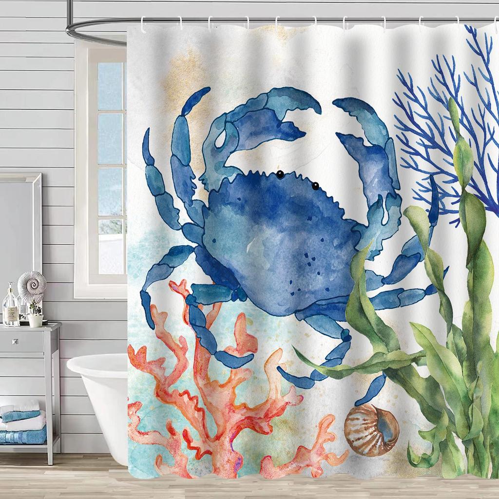 Coastal Marine Shower Curtain: Dolphin, Starfish, Seahorse, Seashell, Sea Turtle - Moisture-Proof, Mildew-Resistant, Waterproof, Beach Bathroom Décor