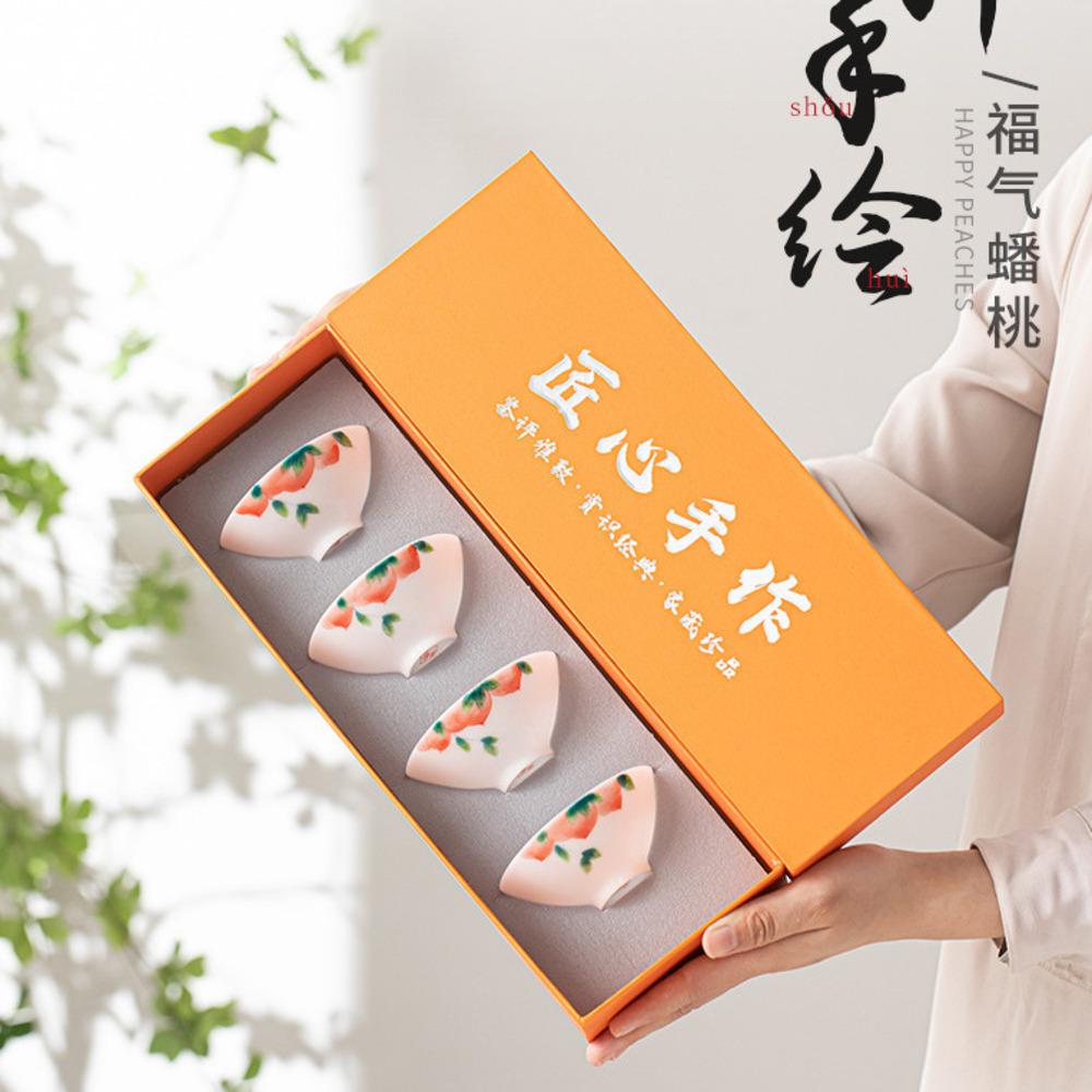 4pc/set Ice Seed Jade Porcelain Teacup Hand-painted Peach Cup Dehua White Hat Cup Ceramic Master Cup Tea Pair Set Tea Gift Box