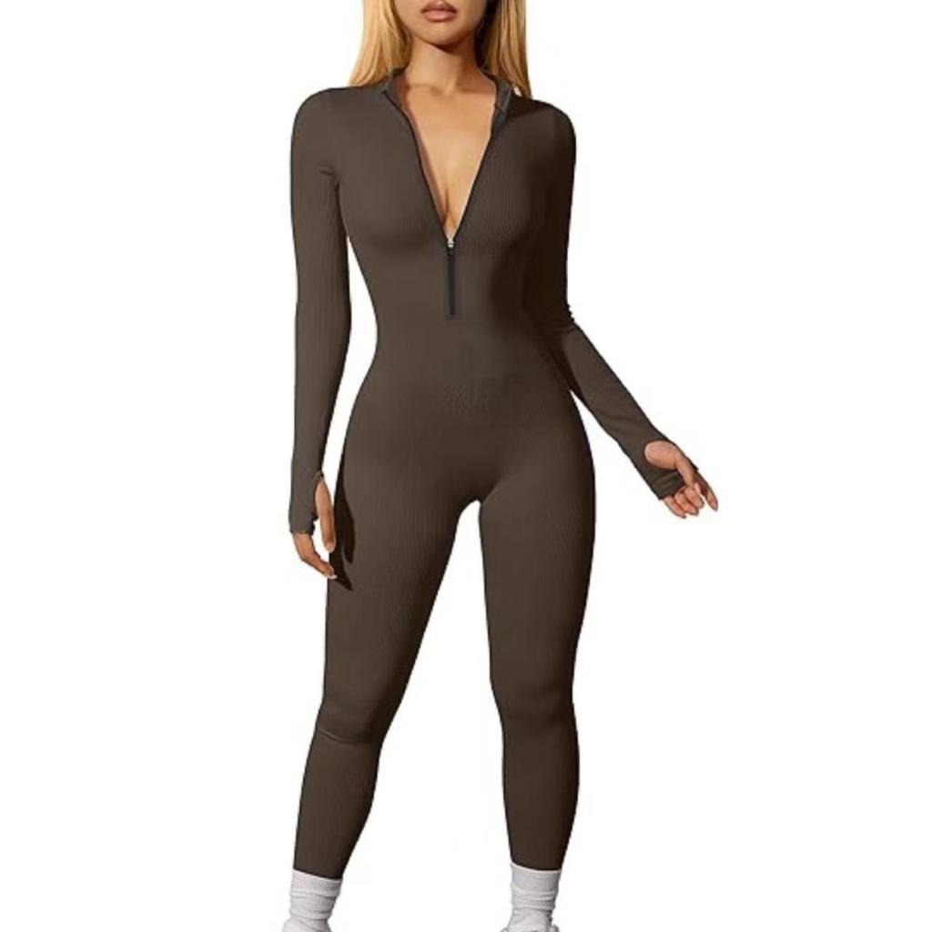 Women Long Sleeve Workout Jumpsuit Zip Up Romper Bottom Pants Bodysuit Bodycon Sexy Yoga Workout Ribbed Casual One Piece