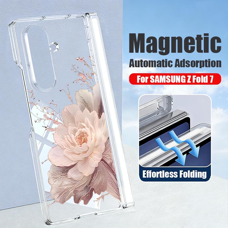Magnetic Adsorption Phone Case For Samsung Galaxy Z Fold 7 6 5 Fold7 Fold6 Fold5 5G Flower Print Anti Scratch Clear Back Cover