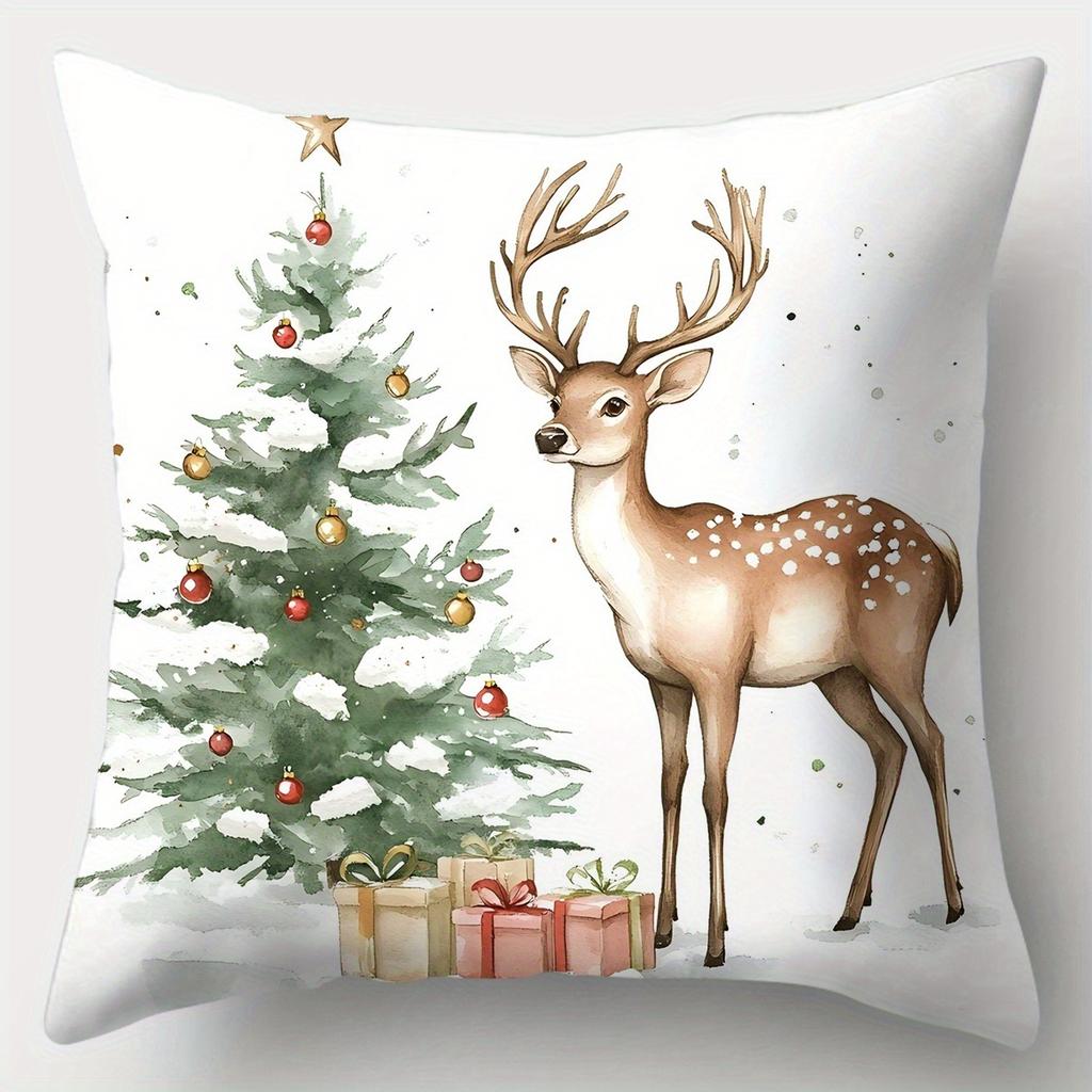 4pcs Set, Christmas Pillowcase, Christmas Tree, Snowman, Santa Claus Pillowcase, 17.7"*17.7", Single-sided Print, Christmas Deco