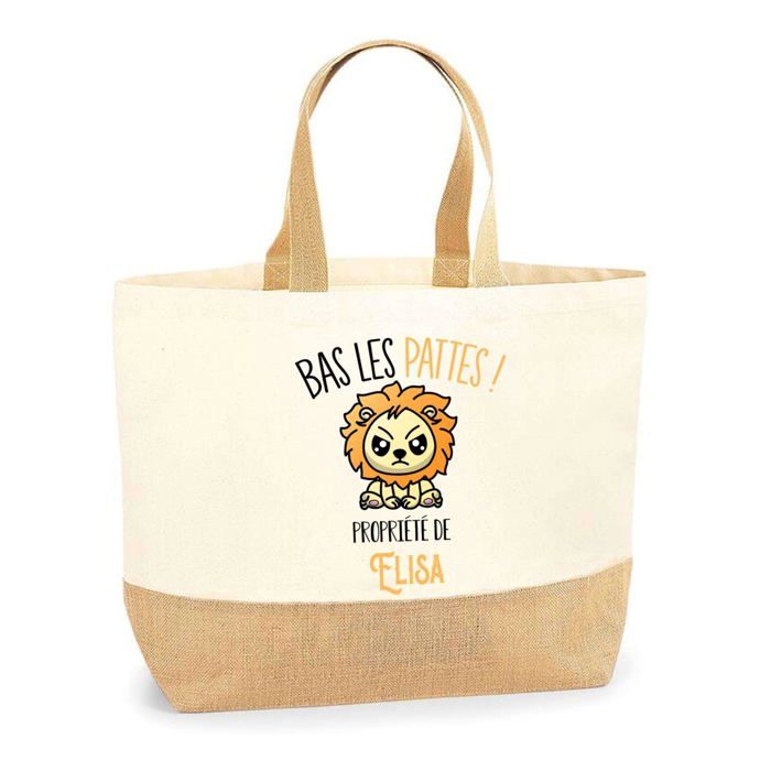Sac cabas - PLANETEE - Elisa « Bas les pattes Lion » - Jute naturel - Imprimé en France - Grande contenance