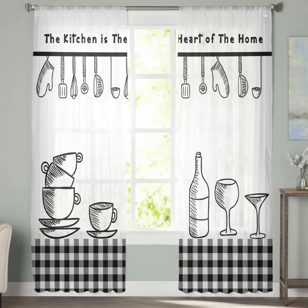 Kitchen Utensils Plaid Tulle Curtains For Living Room Chiffon Voile Sheer Window Curtain For Bedroom