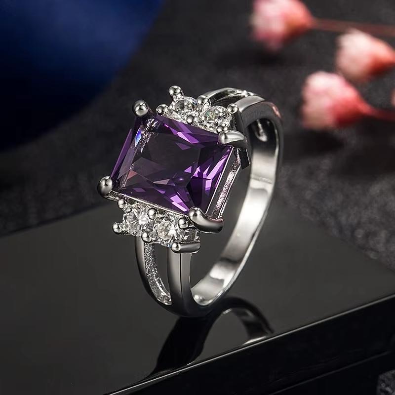 Huajie Фиолетовый Квадратный Циркон Вставка Полый Женский Кольцо Элегантный Классический Банкетный Дамский Новый Кольцо Тренд Волна 6 фиолетовый