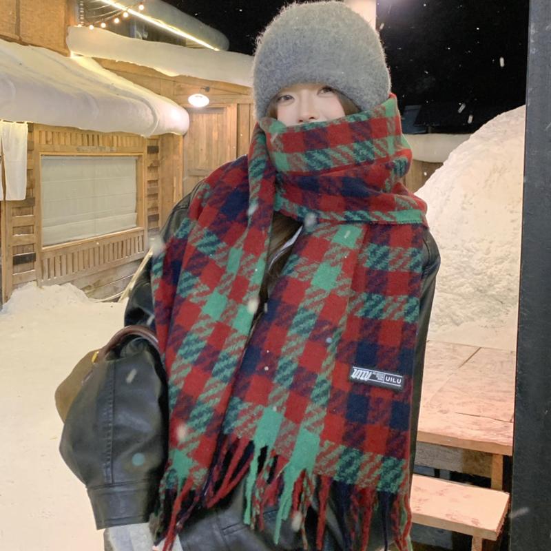 Women Red Green Plaid Tassel Knitted Scarf Headscarf Ladies Men Casual Warm Scarve Mujer Wrap Shawl New Unisex Winter Christmas