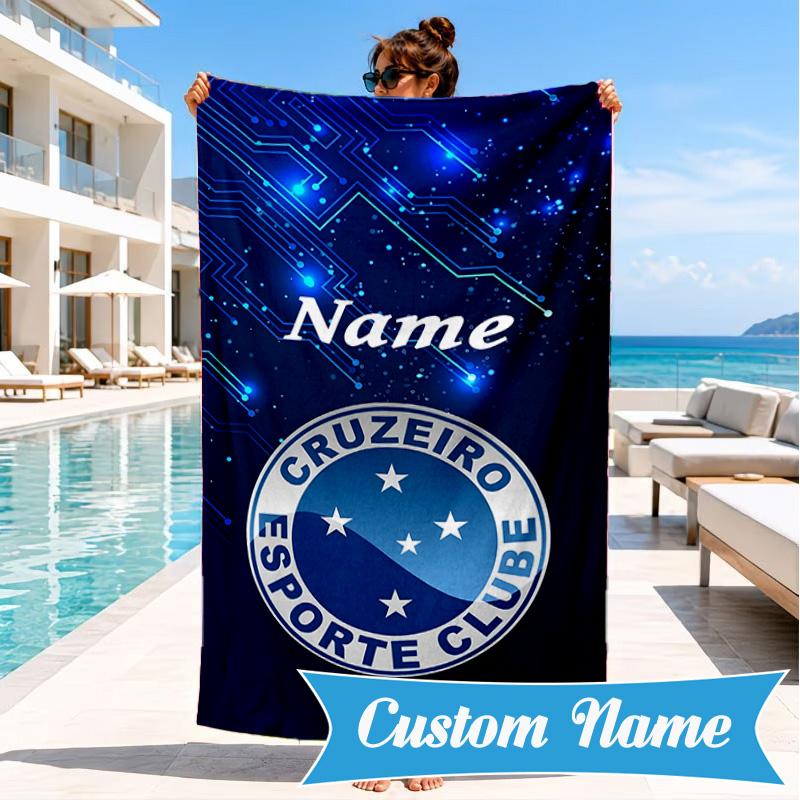 Custom Name Beach Towel Blue Stars Cruzeiro Football Microfiber Beach Towel, Lightweight for Summer Travel, Swimming Pool Fan Birthday Gift