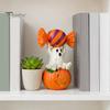 Spooky Holiday Decoration Halloween Ghost Figurine, Cute Sitting on Pumpkin Holding Candy Dark Sweet Room Decor Statue, Resin Table Ornament