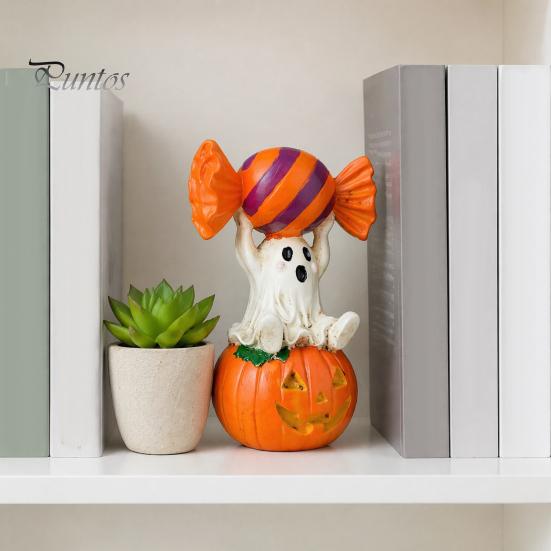 Spooky Holiday Decoration Halloween Ghost Figurine, Cute Sitting on Pumpkin Holding Candy Dark Sweet Room Decor Statue, Resin Table Ornament
