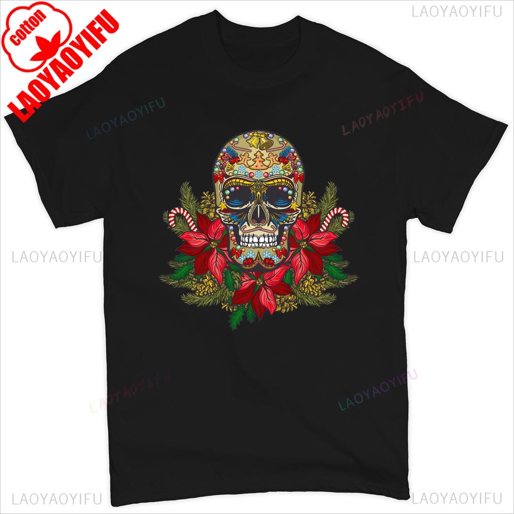 Christmas Calavera Tshirt Sugar Skull Holiday Spirit Mistletoe Mens Tee Retro Breathable Top Skeleton and Flower Pattern Shirt