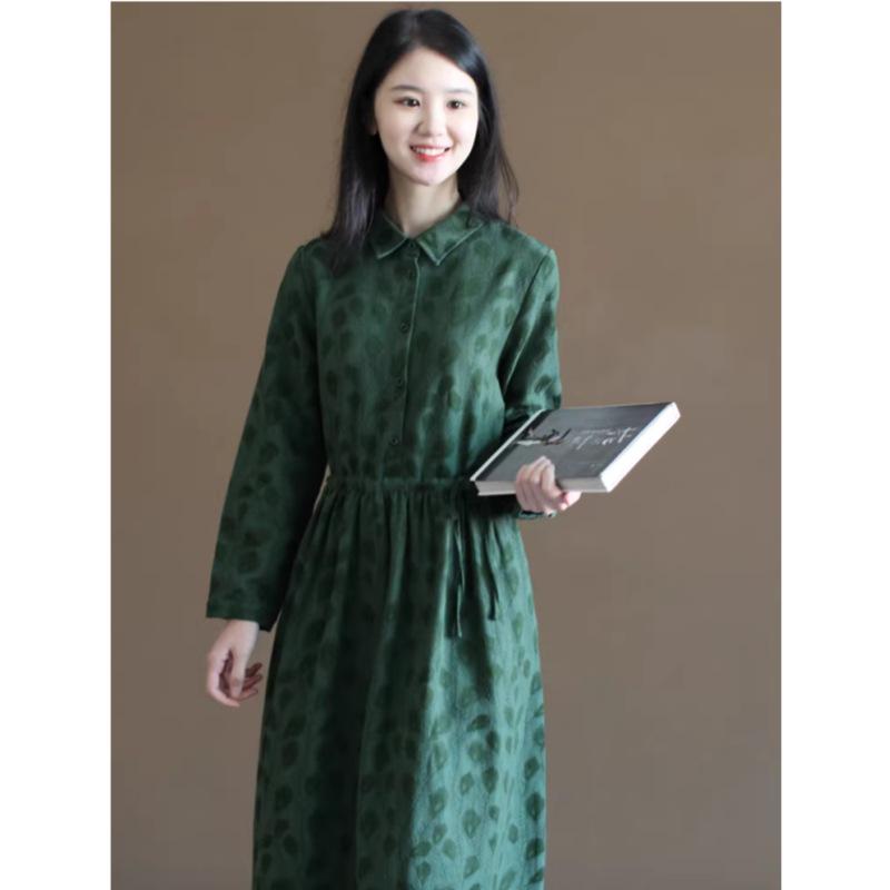 2026 Spring Mori Style Floral Lace-up Slimming Cotton Linen Long-sleeve Shirt Dress Medium