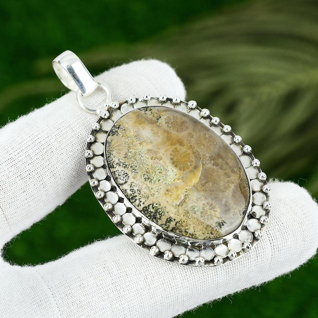 Oval Fossil Coral Gemstone 925 Silver Birthday Sister Bezel Root Chakra Pendant