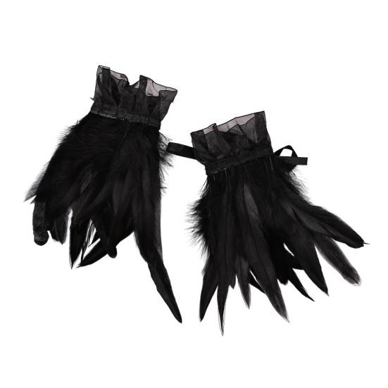 Women's Feather Wrist Cuffs Gothic Feather Fingerless Gloves Wristband Mesh Cuff for Halloween Cosplay Costume Accessories