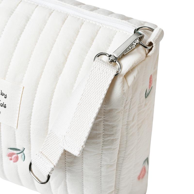 Quilted Cotton Baby Stroller Organizer - Zipper, Embroidery, Diaper & Bottle Storage Bag