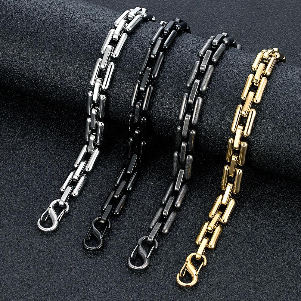 Men's Heavy Handmade Chain Bracelet Never Fade Double Push Carabiner Clasp Stainless Steel Punk Rectangle Link Accessory