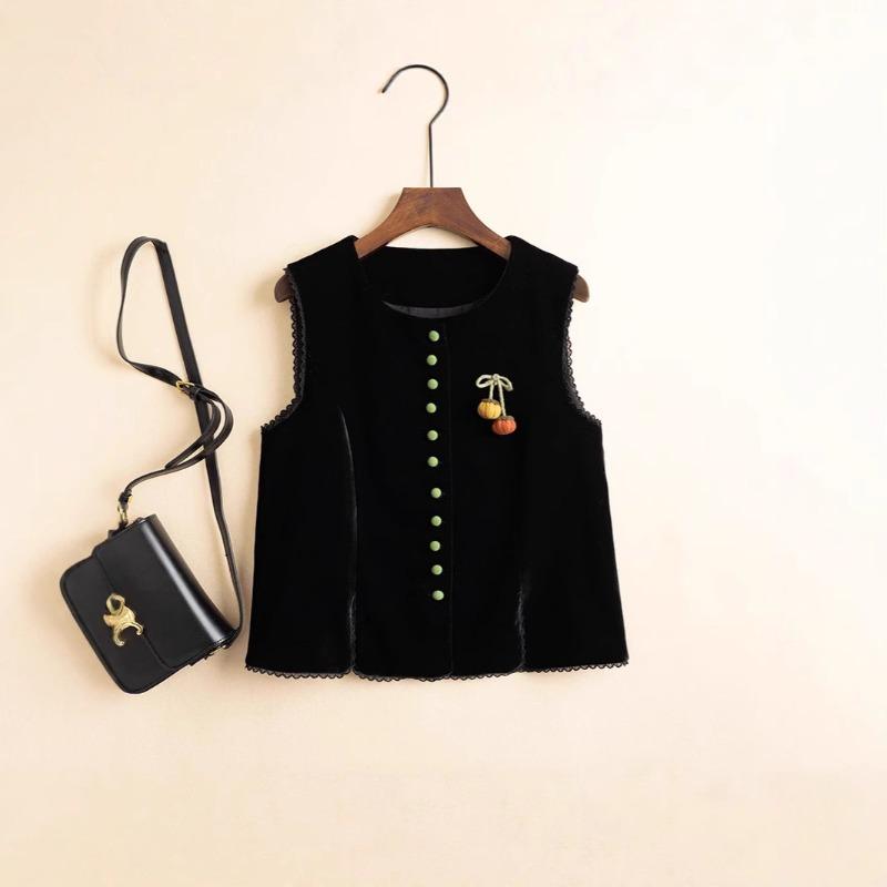 Autumn new high-end temperament black velvet vest women's age-reducing cute versatile top