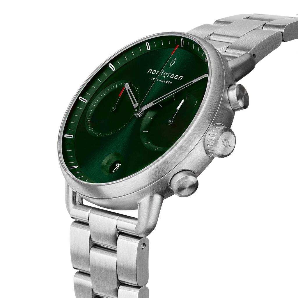 Nordgreen Pioneer Scandinavian Design Watch Sunray Green Silver 3 Link Bracelet 42mm