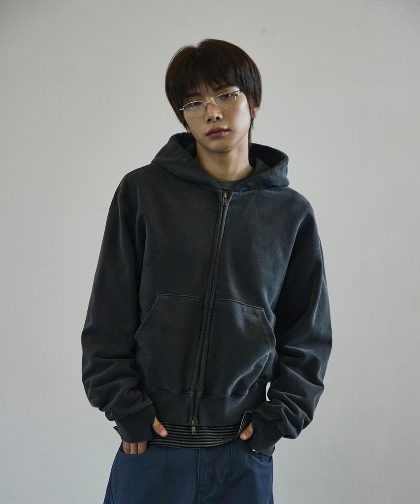 Scrattle_Pixel Vtg Crop Layer Pigment Hoodie Zip-Up [Black]