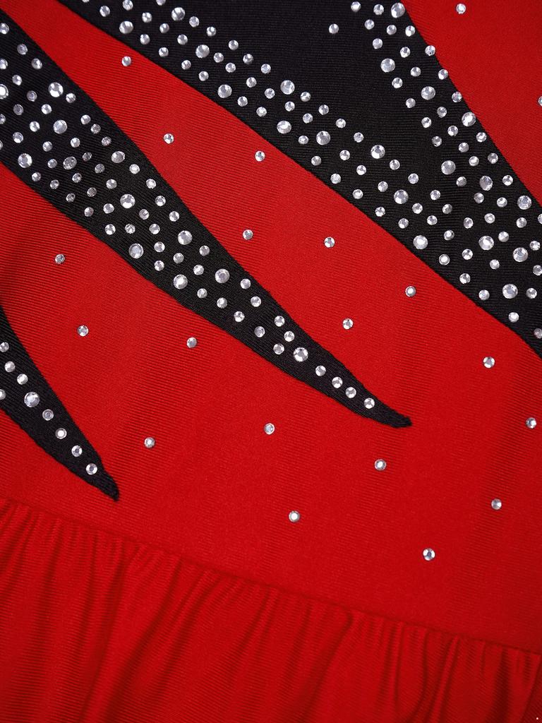 Kids Girls Long Sleeve Sparkling Rhinestone Decor Hollow Back Gymnastics Dance Skating Dresses