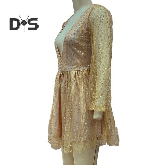 Robe de soirée col en V profond paillettes maille transparente robe trapèze mini manches longues lanterne robe de soirée cocktail courte