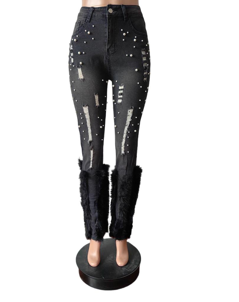 High Waist Distressed Pearl Feather Embellished Jeans