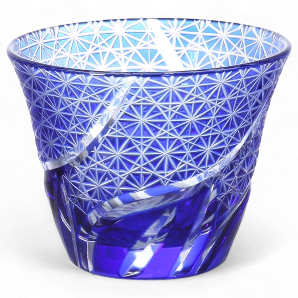Mizukage Kiriko Glass Cup for Cold Ranbori Komon Bisho J-kitchens Tea, 76xH60mm, 100cc, (Small Pattern), Blue, (Current Model)