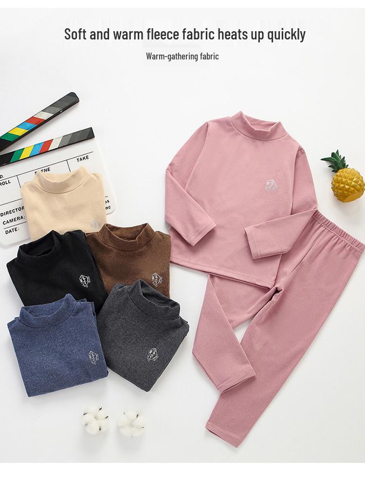 Kids' Medium Collar Warm Double-Sided Brushed Base Layer Set (Autumn Clothing & Pants for Small, Medium, and Large Children)