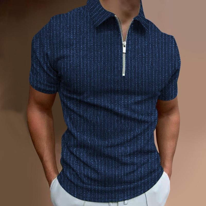 Summer Casual Slim Fit Short Sleeved Striped Zipper Lapel T-shirt Top Polo Shirt