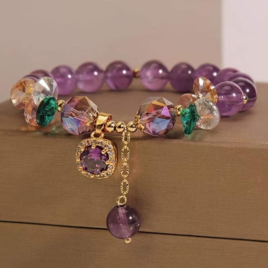 Elegant Vintage Amethyst Bead Bracelet with Gold Tones and Crystal Pendant - Bohemian Style for Parties or Gifts, Women's Fashion Accessories