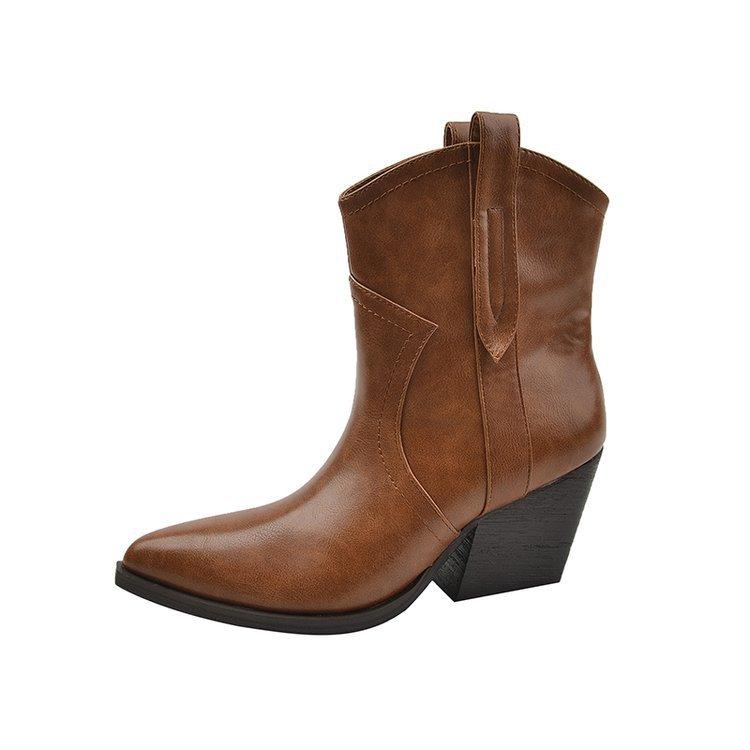 

Pointed fried street small short boots children s autumn and winter new retro thick heel high heel western cowboy boots Korean small bare boots 39 коричневий