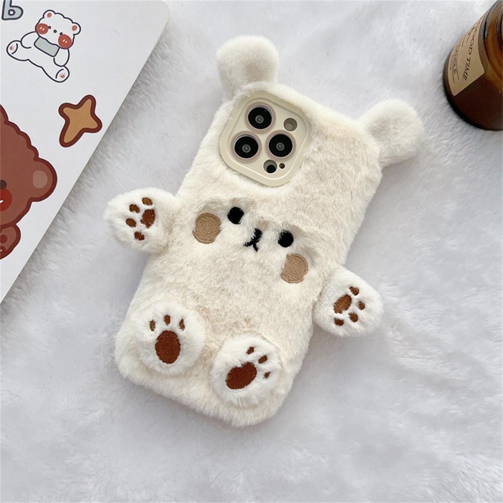 For iPhone 15 Pro Max Case Cartoon 3D Bear Furry Plush TPU Winter Warm Phone Cover