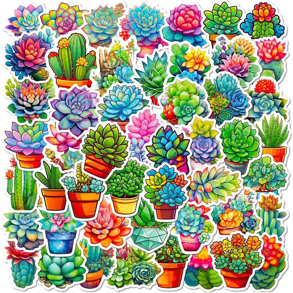 50 Succulent Stickers New Cartoon Ins Wind Succulent Story Series Plant Flowers Graffiti Hand Account Stickers