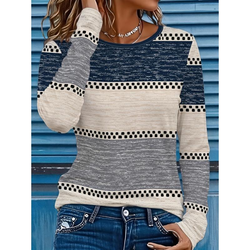 Elegant women's round neck long-sleeved T-shirt with horizontal stripes and polka dot geometric pattern fabric, soft and comfortable